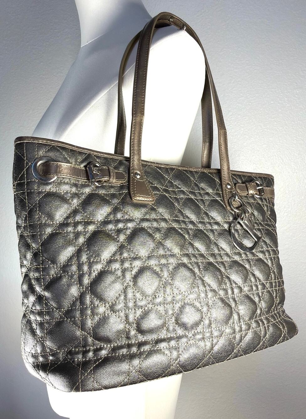 Authentic Christian Dior Panarea Tote Bag Medium Quilted Cannage Metallic Bronze